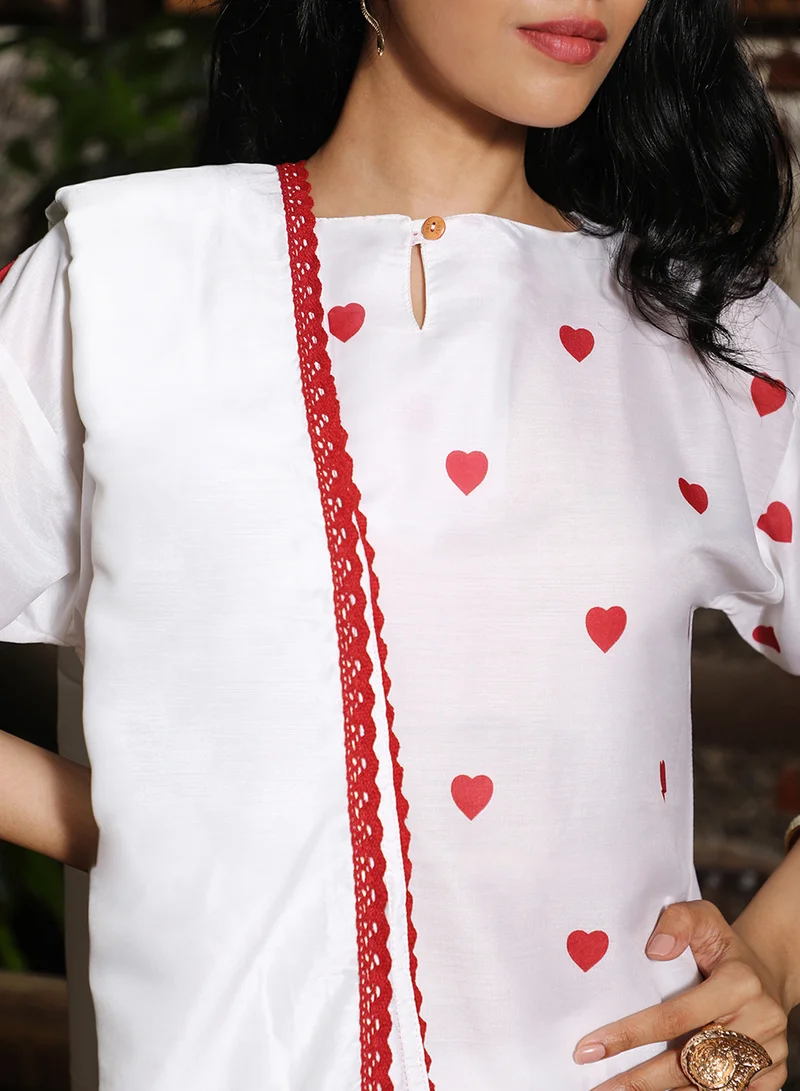 Qissa  Women's Powder White Hearts Kurta With Trousers And Dupatta For Casual Wear | Keyhole Neck | Short Sleeve | 3 Piece Kurta Set Designed With Comfort Fit For Everyday Ethnic Wear for Women | Best Price UAE